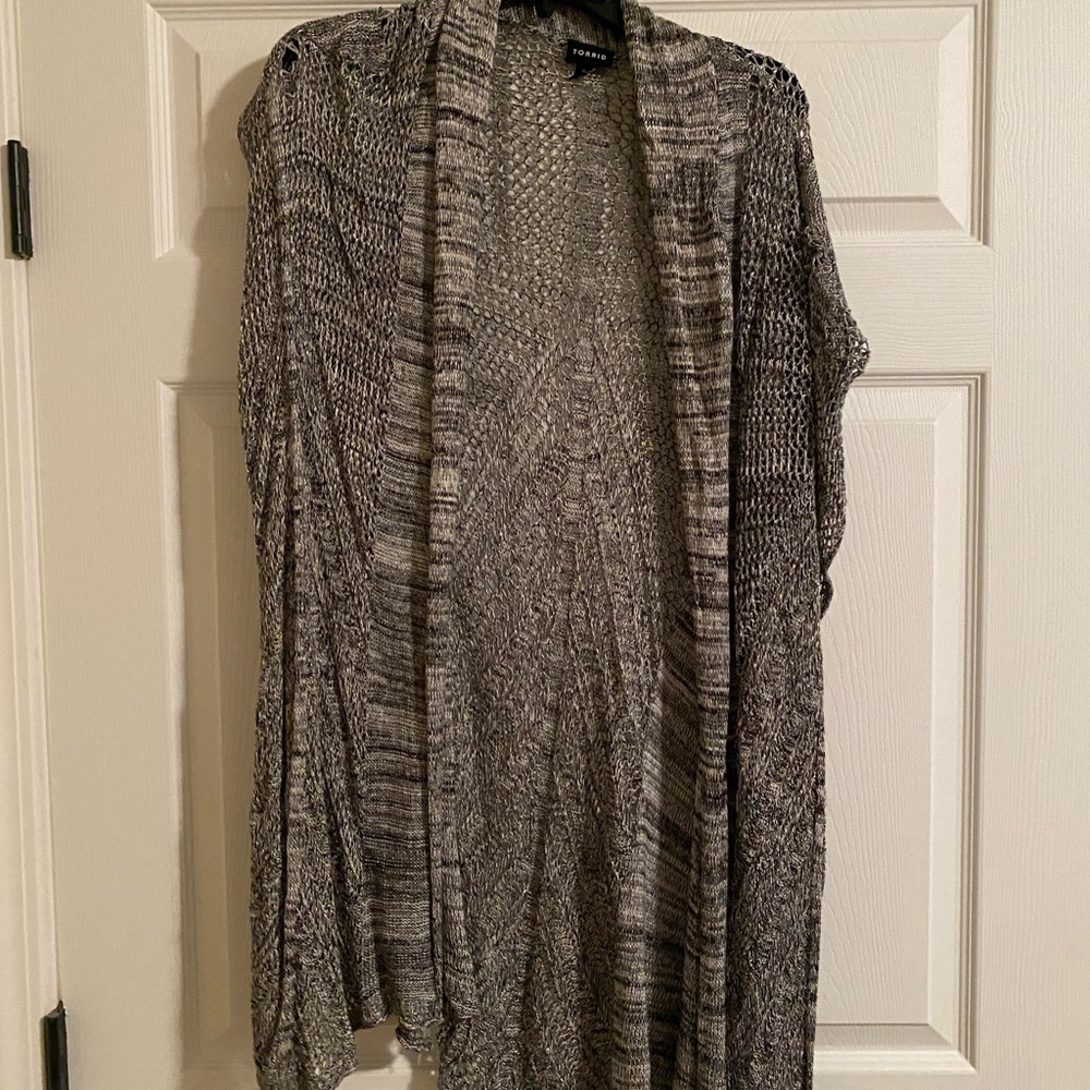 Gray cardigan.